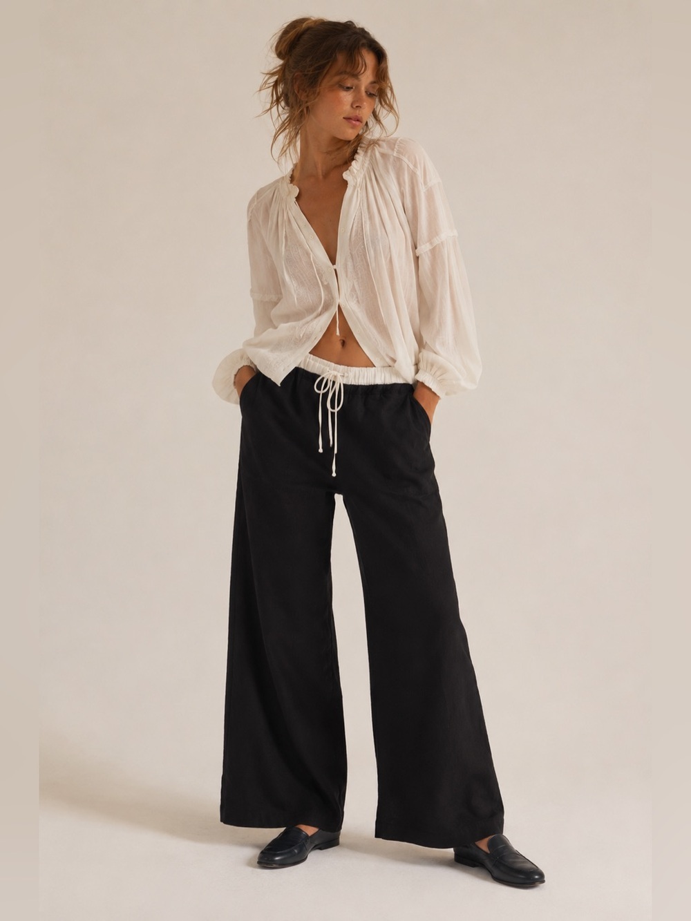 NWT Blenca Black & White Wide Leg Drawstring Viscose Trousers